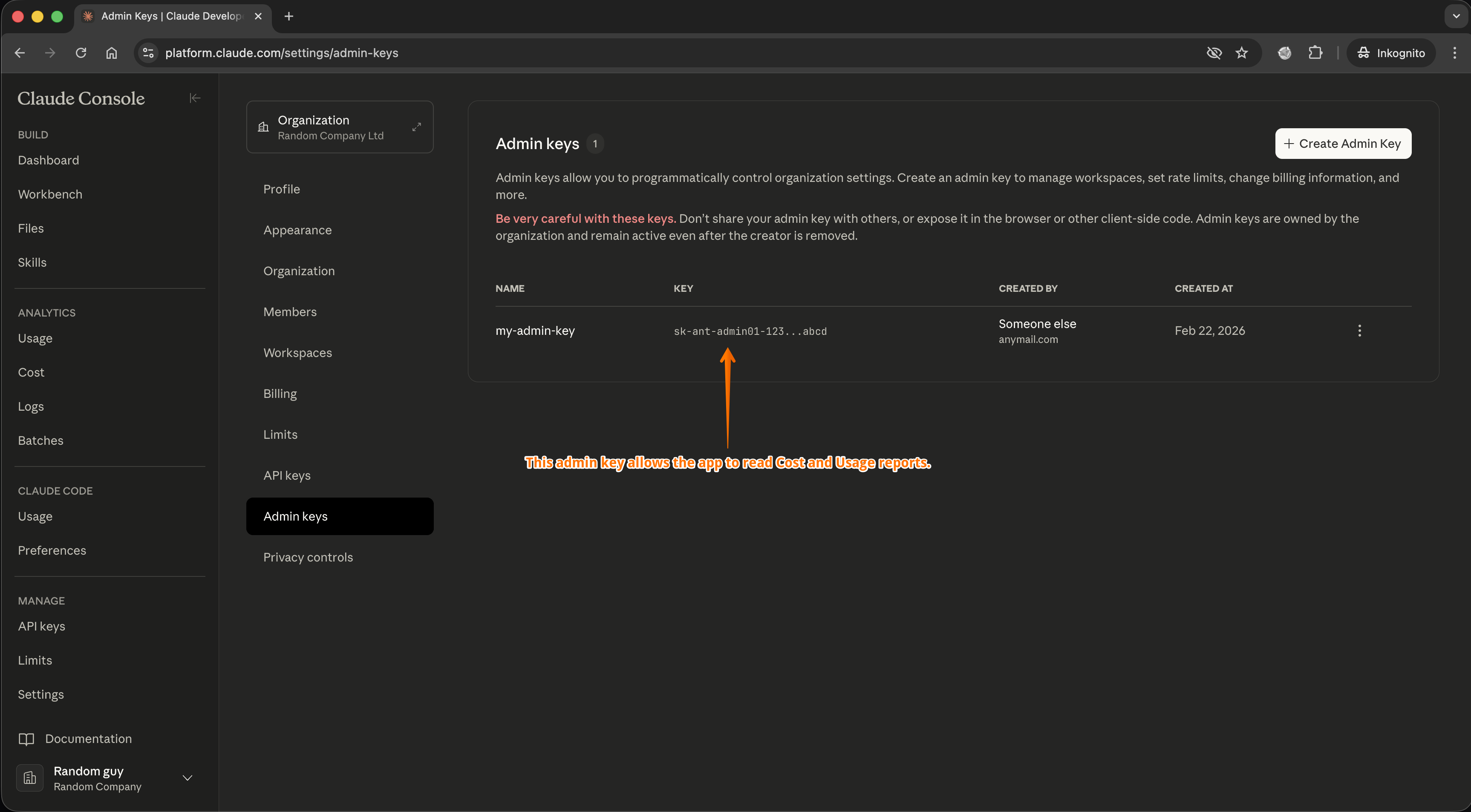 Anthropic Console showing the Admin keys page at platform.claude.com/settings/admin-keys — where you create the Admin API key needed for AI Token Usage Tracker