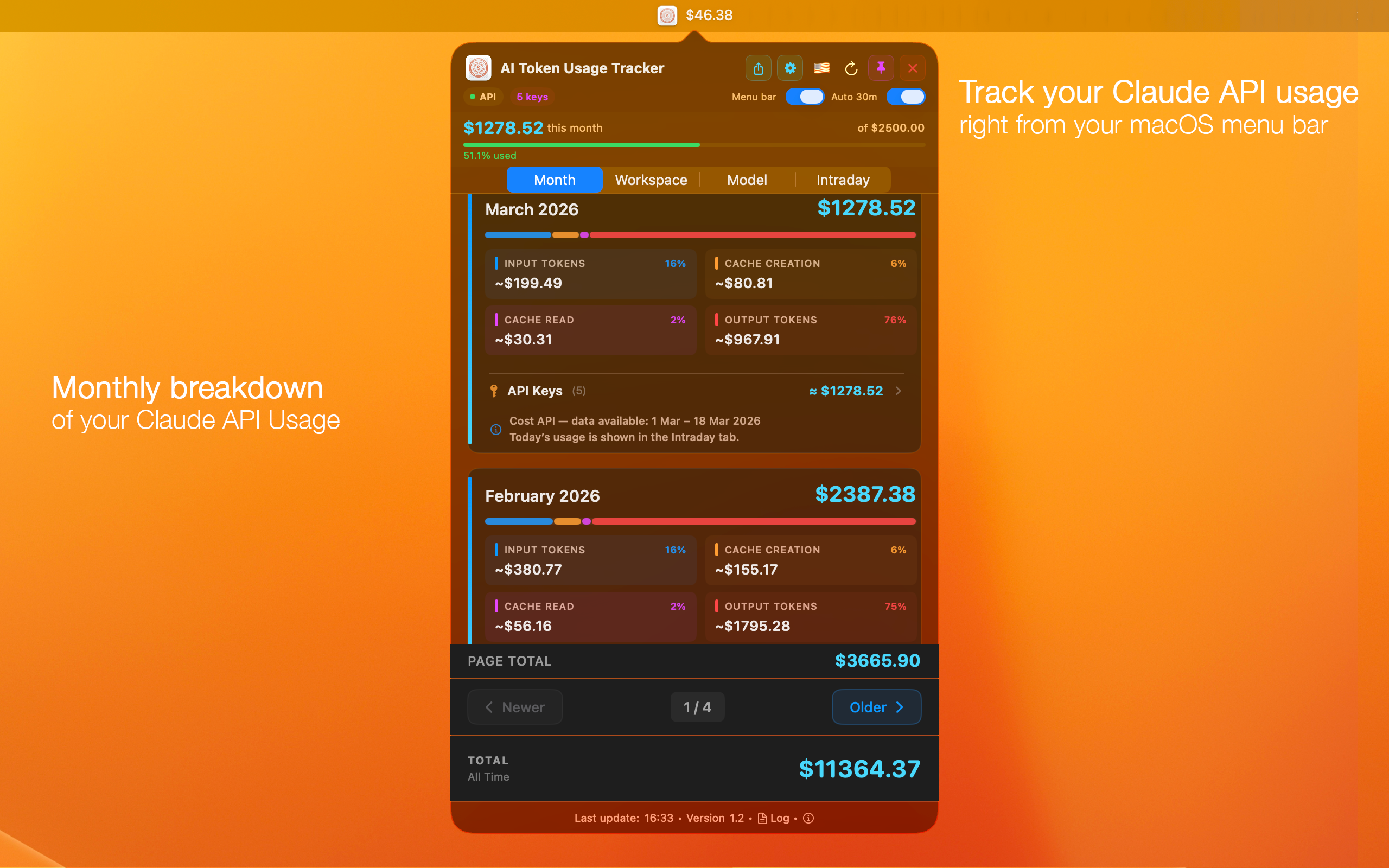 AI Token Usage Tracker — Monthly cost breakdown with paginated month cards, color-coded distribution bars, and token categories