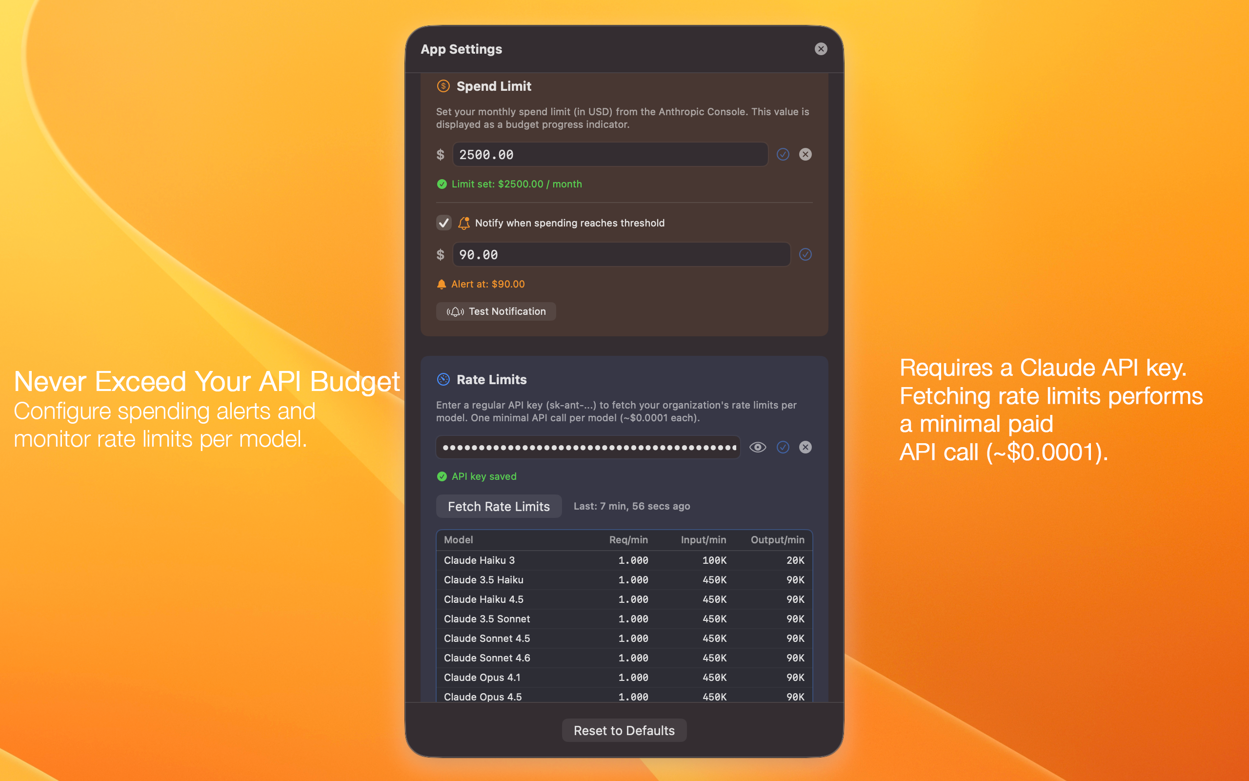 AI Token Usage Tracker — Settings panel showing spend limit configuration, notification thresholds, and per-model rate limit table